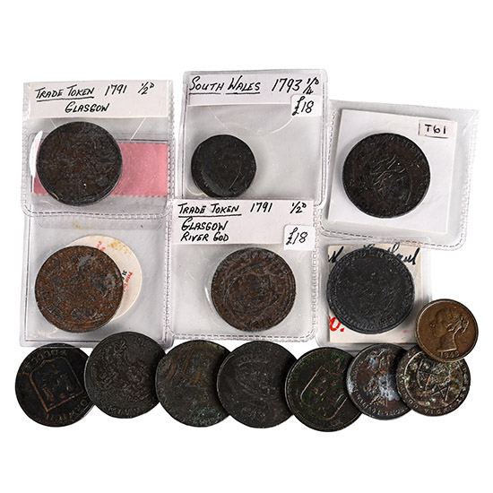 Group of Fourteen [14] British Trade and Other AE Tokens.