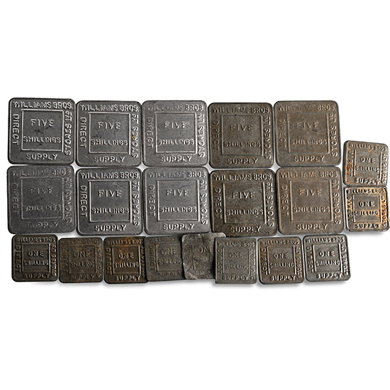 England. Group of Twenty One [21] Williams Bros. Five and One Shilling Tin Tokens.