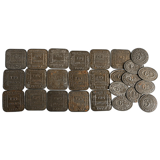 England. Group of Twenty Six [26] Williams Bros. Two Shilling and Other Denomination Tin Tokens.