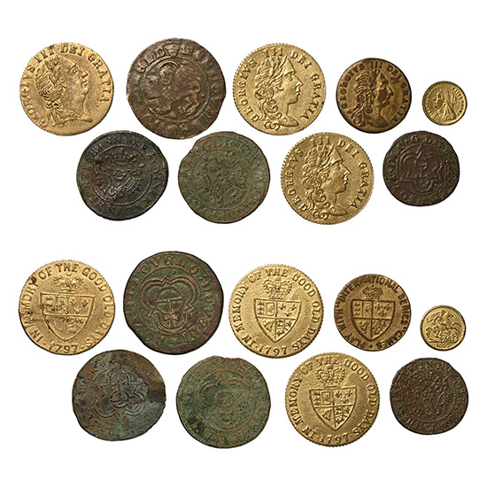 England. Group of Nine [9] AE Jetton and Gaming Tokens.