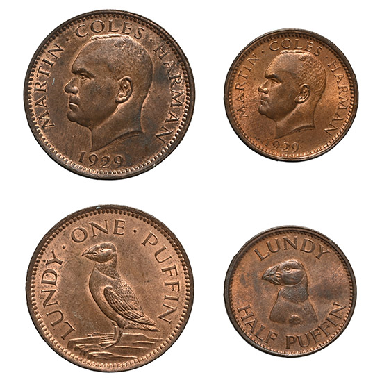 Lundy. Group of Two [2] AE Puffin Coins.
