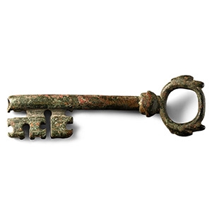 Large Medieval Bronze Door Key with Animal Heads on Handle