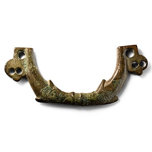 Large Roman Bronze Vessel Handle with Conjoined Dolphins