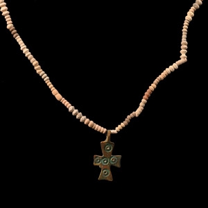 Byzantine Bronze Cross with African Terracotta Bead Necklace