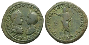 Elagabalus, with Julia Maesa AE Pentassarion or 5 Assaria of Marcianopolis, Moesia Inferior.