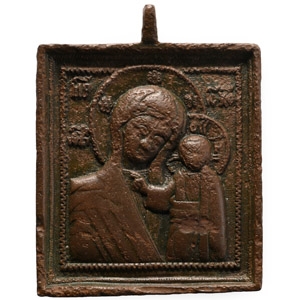 Russian Bronze Travel Icon with Madonna and Child