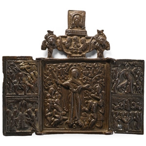 Eastern European Bronze Folding Triptych Icon of the Mother of God Joy of All Who Sorrow