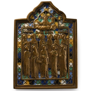 Russian Orthodox Enamelled Bronze Travel Icon with Saint Julyttas and Her Son Cyricus