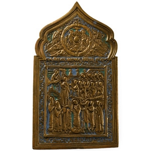 Russian Orthodox Enamelled Bronze Travel Icon with Trinity and the Protection of the Mother of God
