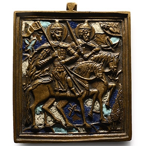 Russian Orthodox Enamelled Bronze Travel Icon with Saints Boris and Gleb