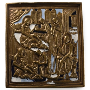Russian Orthodox Enamelled Bronze Travel Icon with the Birth of the Virgin