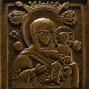 Russian Orthodox Bronze Travel Icon with Kazan Virgin and Child