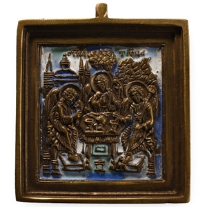Russian Orthodox Enamelled Bronze Travel Icon with the Old Testament Trinity
