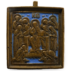 Russian Orthodox Enamelled Bronze Travel Icon with Extended Deesis