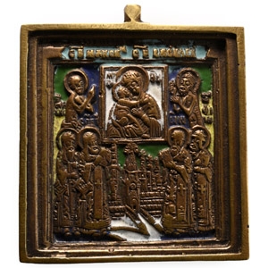 Russian Orthodox Enamelled Bronze Travel Icon with Veneration of the Virgin of Vladimir