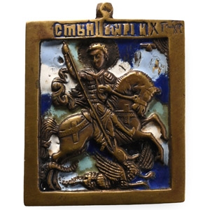 Russian Orthodox Enamelled Bronze Travel Icon with Saint George