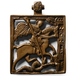 Russian Orthodox Bronze Travel Icon with Saint George