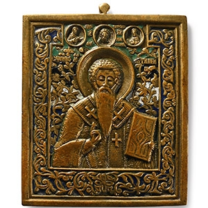 Russian Orthodox Enamelled Bronze Travel Icon with Saint Antipas of Pergamum