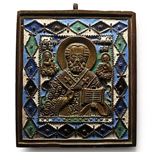 Russian Orthodox Enamelled Bronze Travel Icon with Saint Nicholas