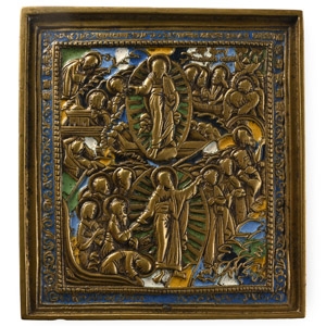 Russian Orthodox Enamelled Bronze Travel Icon with Anastasis