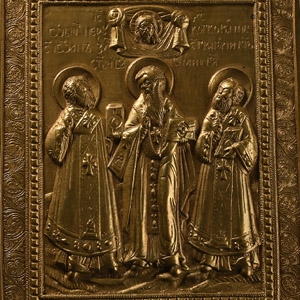 Russian Bronze Travel Icon with the Three Hierachs of Orthodoxy