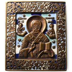 Russian Orthodox Enamelled Bronze Travel Icon with Saint Nicholas