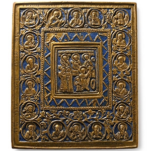 Russian Orthodox Enamelled Bronze Travel Icon with Saint Julitta, Cyricus and Deesis