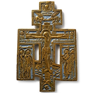Russian Orthodox Enamelled Bronze Travel Icon with Christ Flanked by Mary, Maria, and Saint John