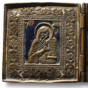 Russian Orthodox Enamelled Bronze Triptych Icon with Christ, Virgin Mary and Saint John