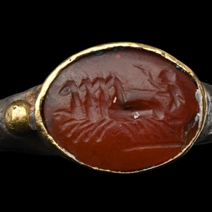 Roman or Parthian Silver Ring with Quadriga Gemstone
