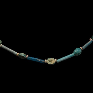 Egyptian Faience Mummy Bead Necklace with Reproduction Scarabs