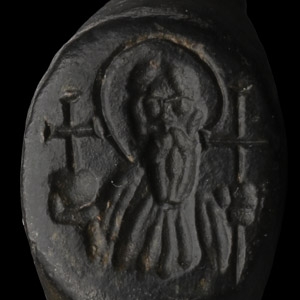 Byzantine Bronze Ring with Saint and Crosses