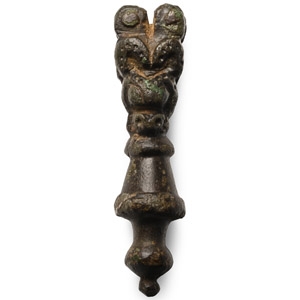 Viking Bronze Strap End with Bears Heads