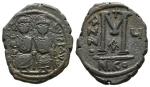 Justin II and Sophia AE 40 Nummi or Follis.