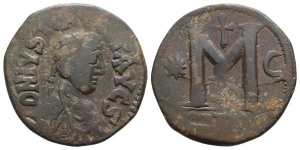 Justin I AE 40 Nummi or Follis.