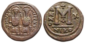 Justin II and Sophia AE 40 Nummi or Follis.