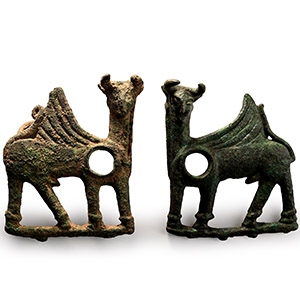 Luristan Bronze Horse Bit Cheek-Pieces Modelled as Winged Gryphons
