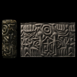 North-Syrian Green Stone Cylinder Seal with Standing Human-Like Figures