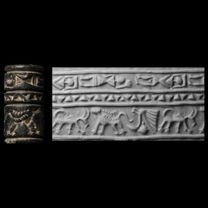 Syrian or Anatolian Black Stone Cylinder Seal with Human Figures
