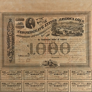 United States of America. Framed Confederate 1,000 Dollar Bond and Interest Coupons.