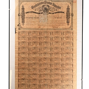 United States of America. Framed Confederate 500 Dollar Bond and Interest Coupons.