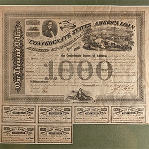 United States of America. Framed Confederate 1,000 Dollar Bond and Interest Coupons.