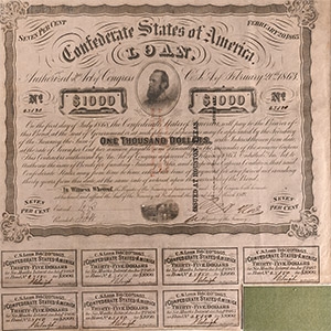 United States of America. Framed Confederate 1,000 Dollar Bond and Interest Coupons.