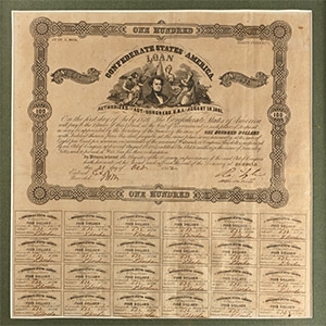 United States of America. Framed Confederate 100 Dollar Bond and Interest Coupons.