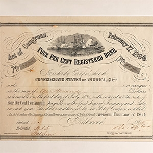 United States of America. Framed Confederate 100 Dollar Bond.