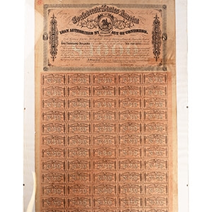 United States of America. Framed Confederate 1,000 Dollar Bond and Interest Coupons.