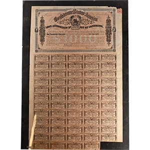 United States of America. Framed Confederate 1,000 Dollar Bond and Interest Coupons.