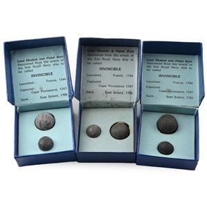 The Royal Navys First Invincible Shipwreck Musket and Pistol Shot Presentation Box Group