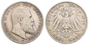 German Staters. Württemberg (Kingdom), Wilhelm II AR 3 Marks.