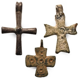 Byzantine Bronze and Silver Cross Pendant Group
